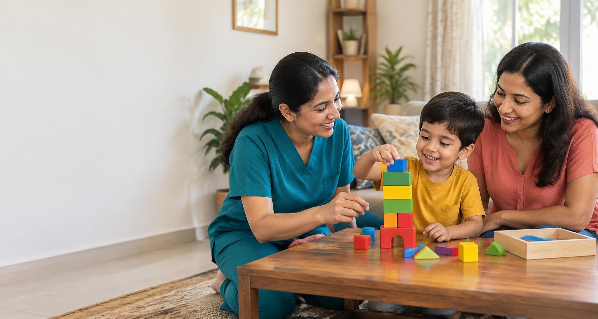 A smiling clinician helping a child stack colourful blocks at home, with a supportive parent nearby